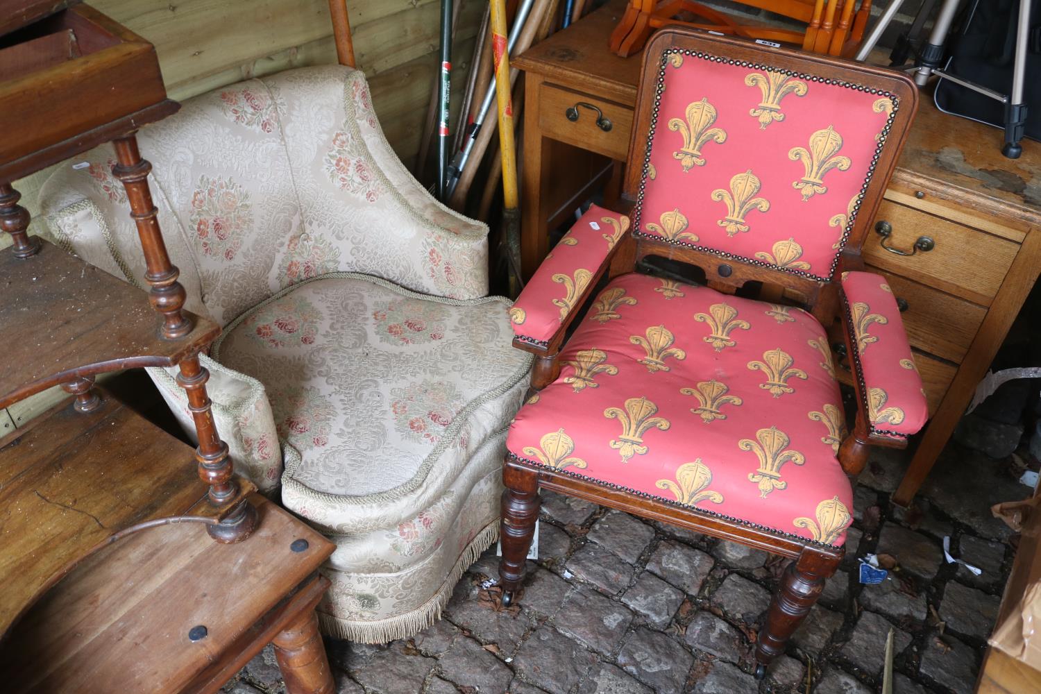 Oak Upholstered Elbow chair and a Upholstered Shaped back Elbow chair