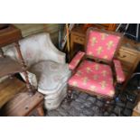 Oak Upholstered Elbow chair and a Upholstered Shaped back Elbow chair