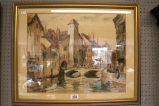 Hal Woolf (1902-1964) Framed Watercolour of a Continental inland waterway scene. entitled Annecy