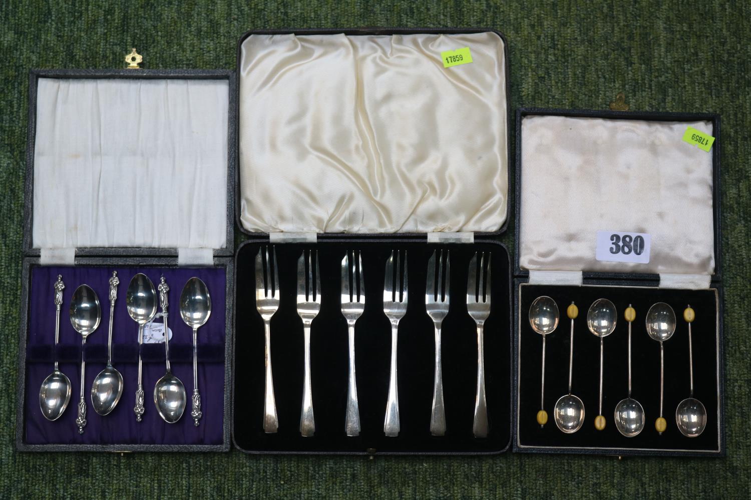 Good quality Cased Silver Set of Pastry Forks, Cased set of Silver Apostle spoons and a cased set of