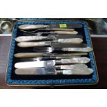 Silver Bladed Knife and fork set with mother of Pearl Handles London 1894 with engraved H and Crown