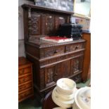 19thC Oak Heavily Carved Buffet with raised back with turned supports over 3 drawers and central