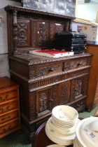 19thC Oak Heavily Carved Buffet with raised back with turned supports over 3 drawers and central