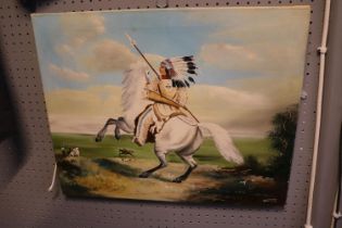 Juan Cruz Oil on Canvas of a American Indian on Horseback