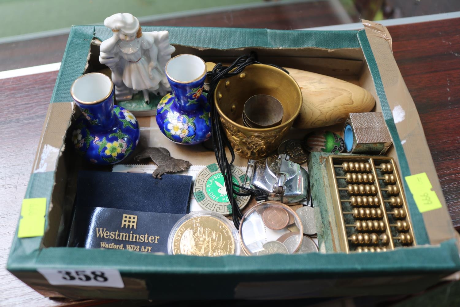 Collection of assorted Small bygones to include Coins, Pair of Chinese vases, Playboy Club £1 Token,