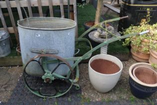 Large Galvanised Water Carrier on Wrought metal wheels