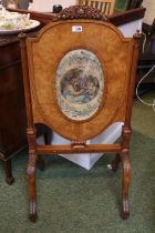 19thC French Walnut Adjustable Fire screen with original silk insert and carved surmounted floral