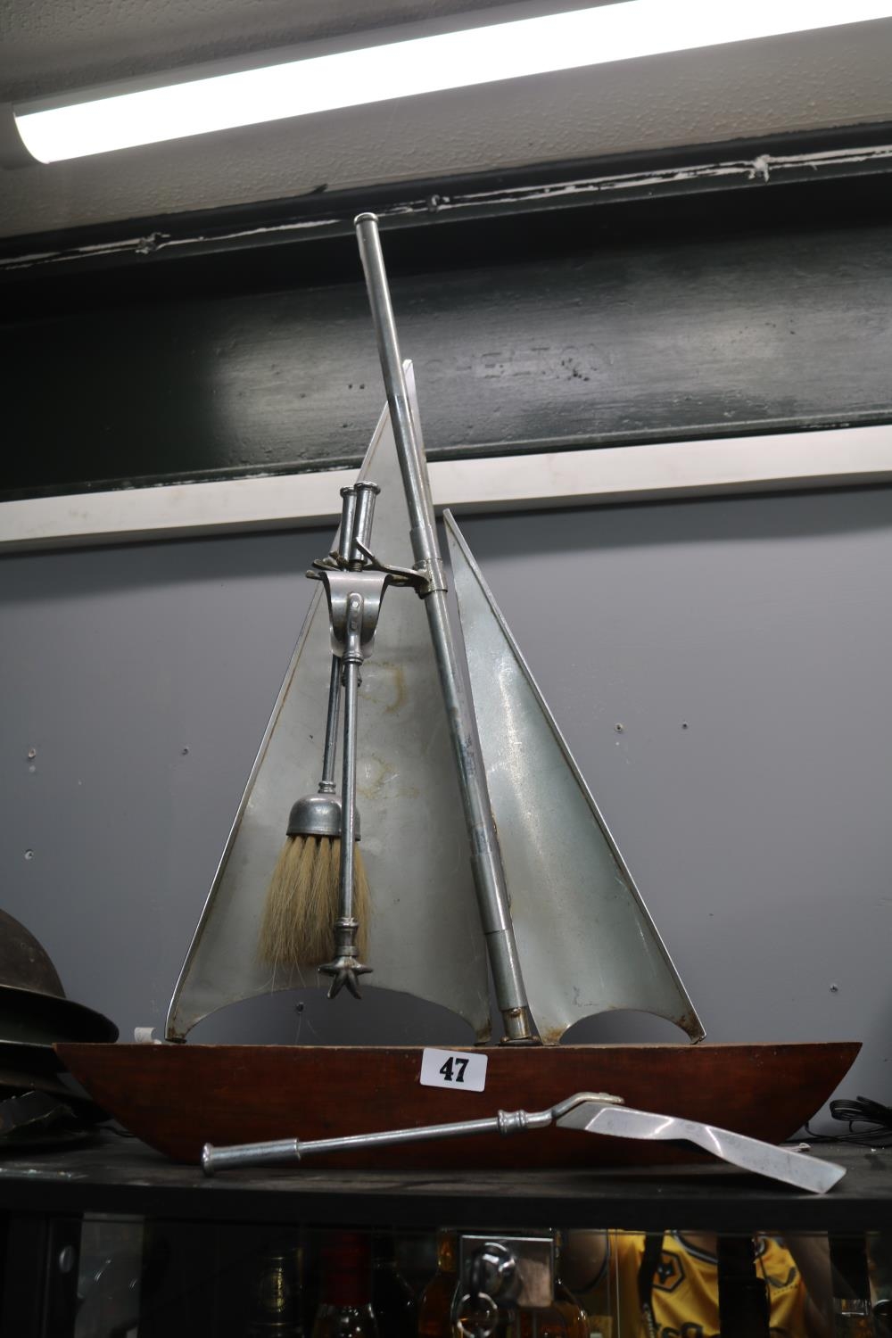 Large 1930s Art Deco Chrome companion set in the form of a sailing yacht on polished hardwood - Image 2 of 3