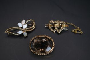 20thC 9ct Gold Oval Smokey Quartz Pendant, 15ct Gold Seed Pearl set Sweetheart Brooch and a Opal Set