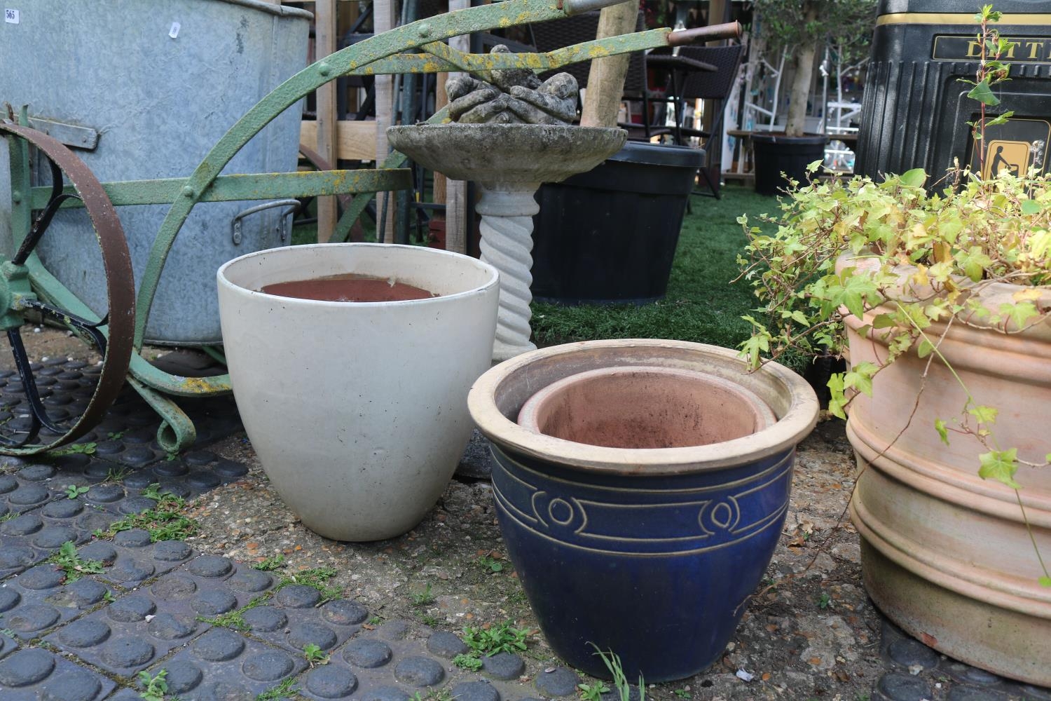 Collection of assorted Garden Pots Cast Iron Bird Bath and a Concrete Had and bird concrete figure