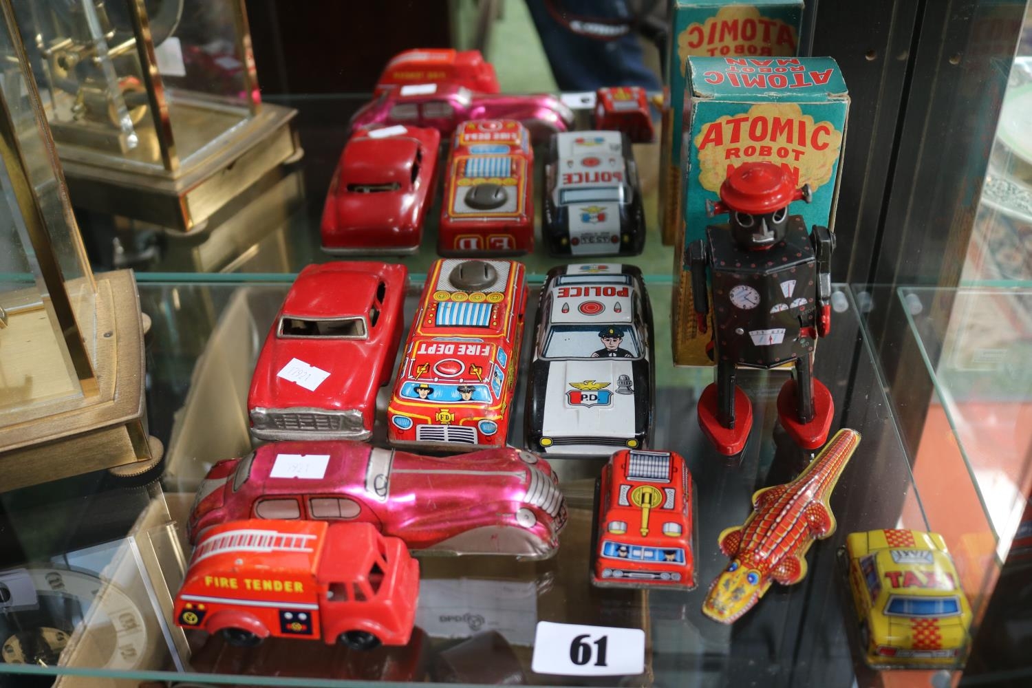Collection of assorted Tin Plate Toys to include Boxed Atomic Robot Man, Police Car, Fire Tender etc