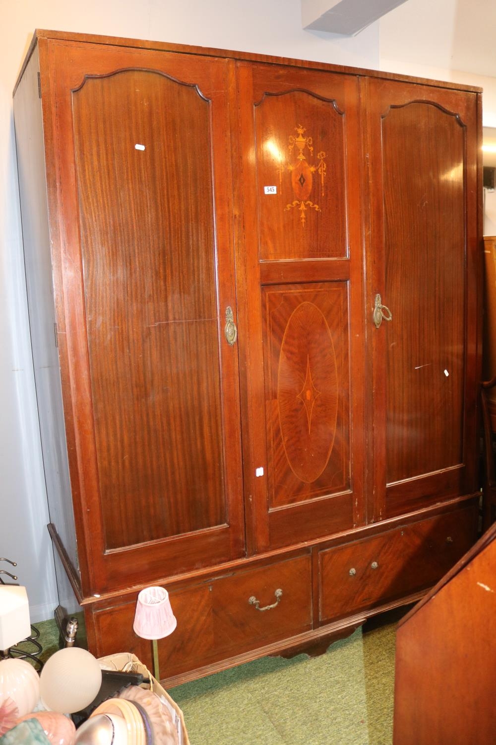 Edwardian Triple Inlaid wardrobe with drawers to base. 152cm in Width