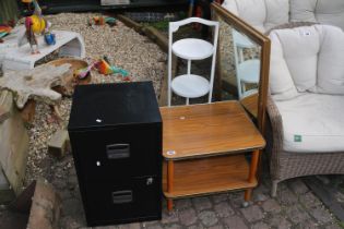 2 Drawer Filing cabinet, 2 Tier table, Framed mirror and a Cake stand