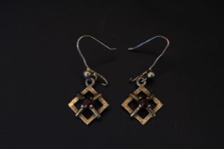 Pair of 9ct Gold Garnet Drop earrings on hoop fittings