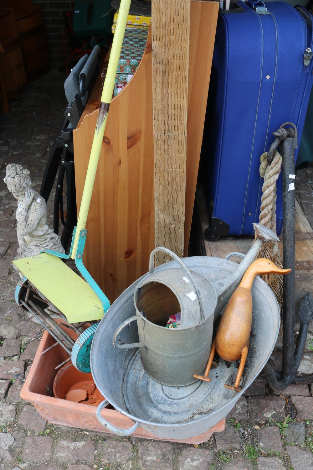 Terracotta Plater, Galvanised Oval wash bucket with Watering Can, Wooden Duck and a Lawn Aerator