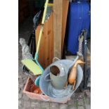 Terracotta Plater, Galvanised Oval wash bucket with Watering Can, Wooden Duck and a Lawn Aerator