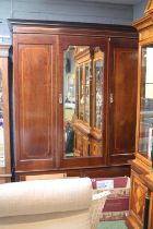 Edwardian Mahogany Wardrobes Triple Wardrobe with mirror to door and brass drop handles and drawer