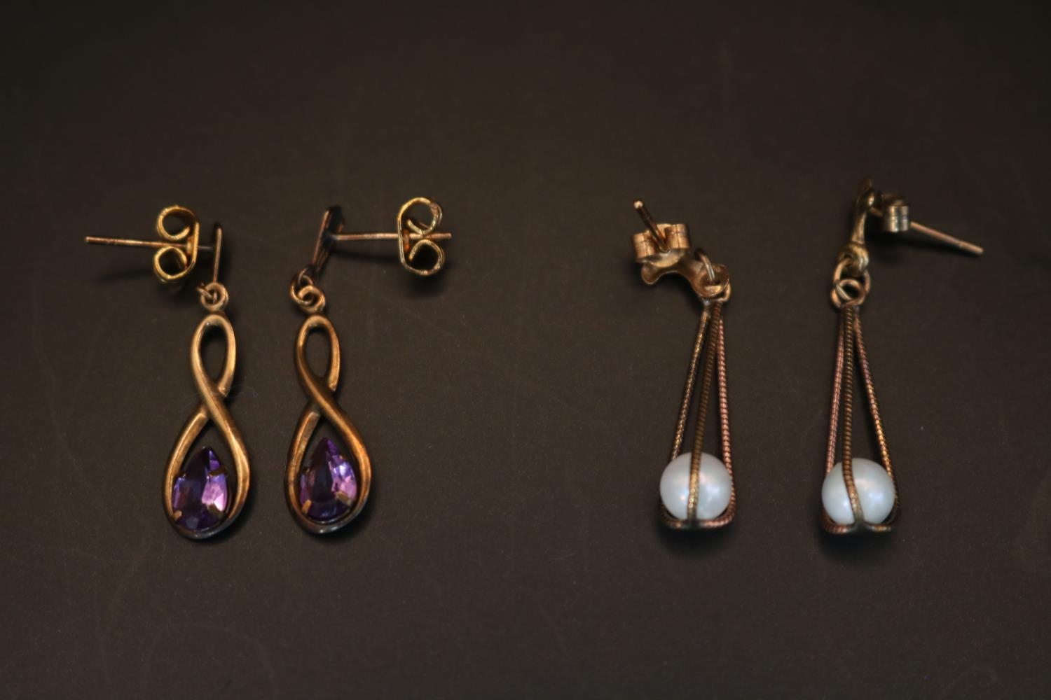 Pair of Long 9ct Gold Pearl basket design earrings and a pair of Amethyst set earrings