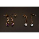 Pair of Long 9ct Gold Pearl basket design earrings and a pair of Amethyst set earrings