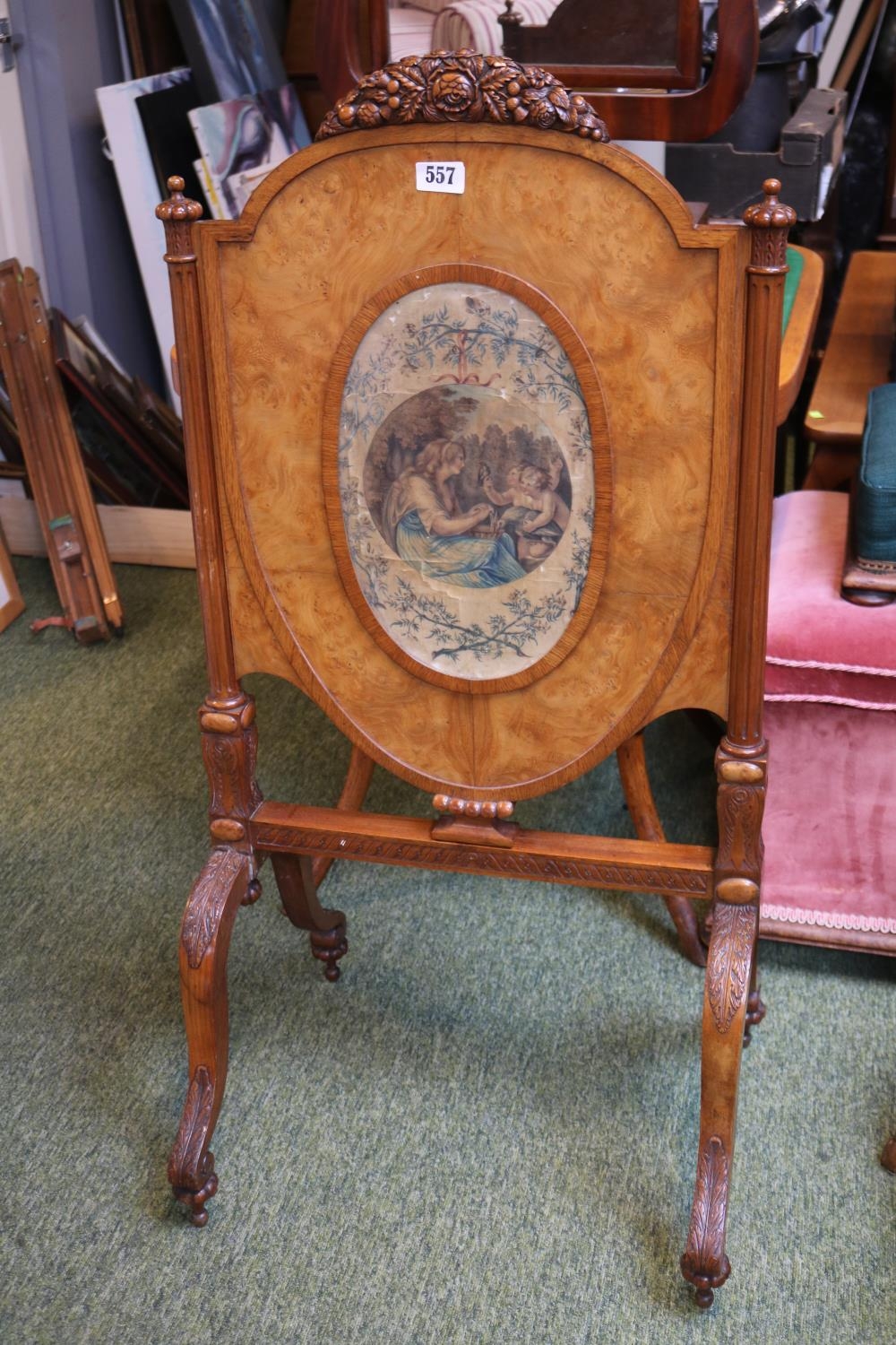 19thC French Walnut Adjustable Fire screen with original silk insert and carved surmounted floral - Image 2 of 4