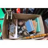 Box of assorted Bygones inc. Warming Pan, Silverplated ware etc