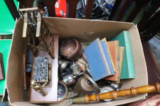 Box of assorted Bygones inc. Warming Pan, Silverplated ware etc