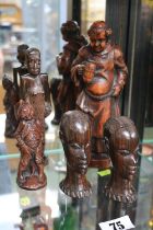 3 African Carved figures, Resin figure of a Monk and another figure (5)