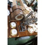 2 Oak Cased Mantel clocks, Wall Barometer set and a Unusual clock