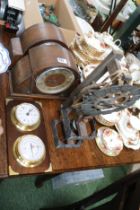 2 Oak Cased Mantel clocks, Wall Barometer set and a Unusual clock