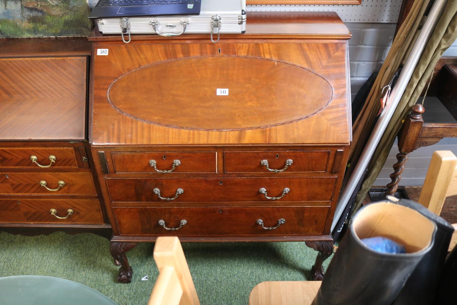 Edwardian Mahogany fall front bureau with metal drop handles over ball and claw feet - Image 2 of 4