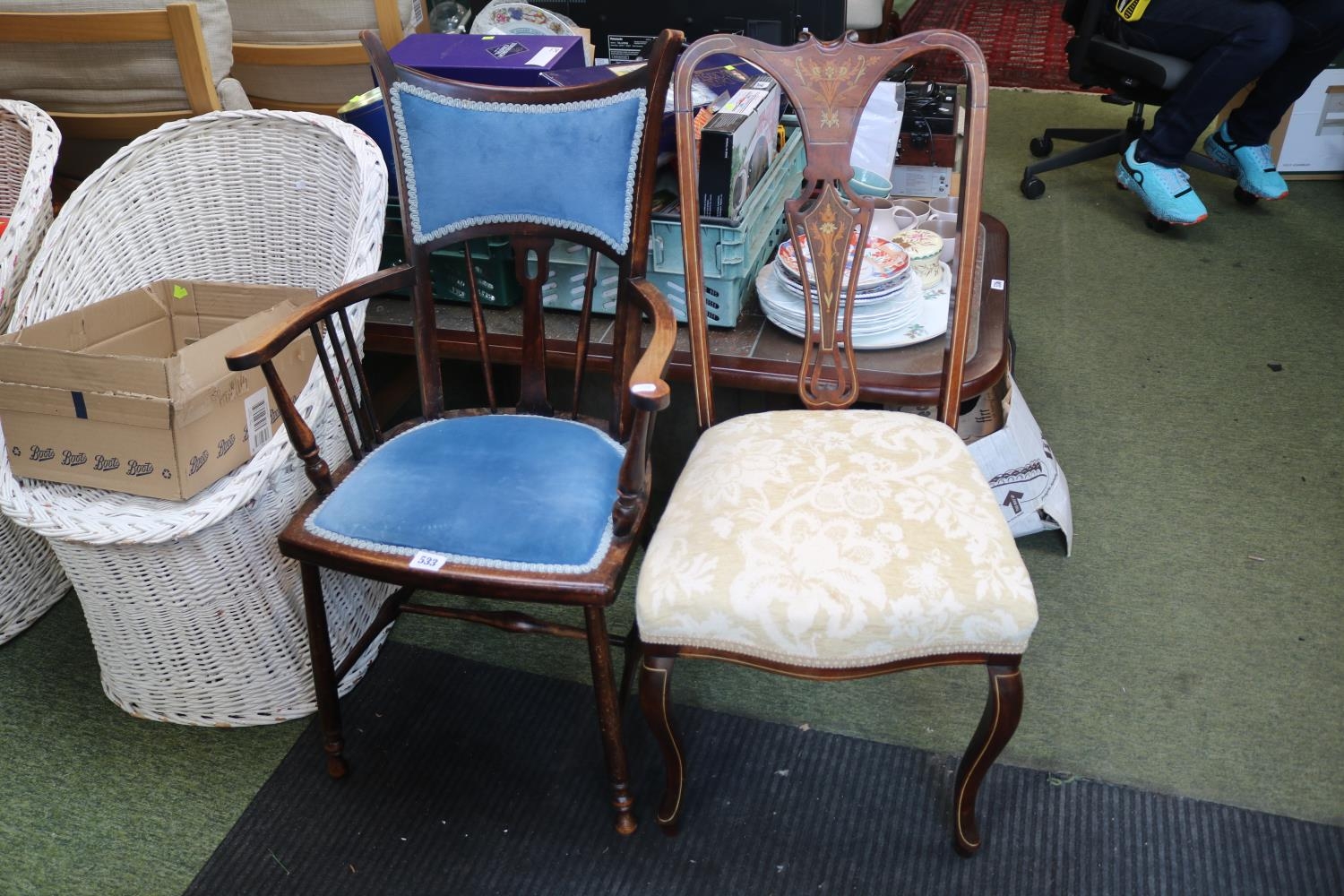 Edwardian Elbow chair with upholstered back and seat over out stretchered turned legs and a Inlaid - Image 2 of 2