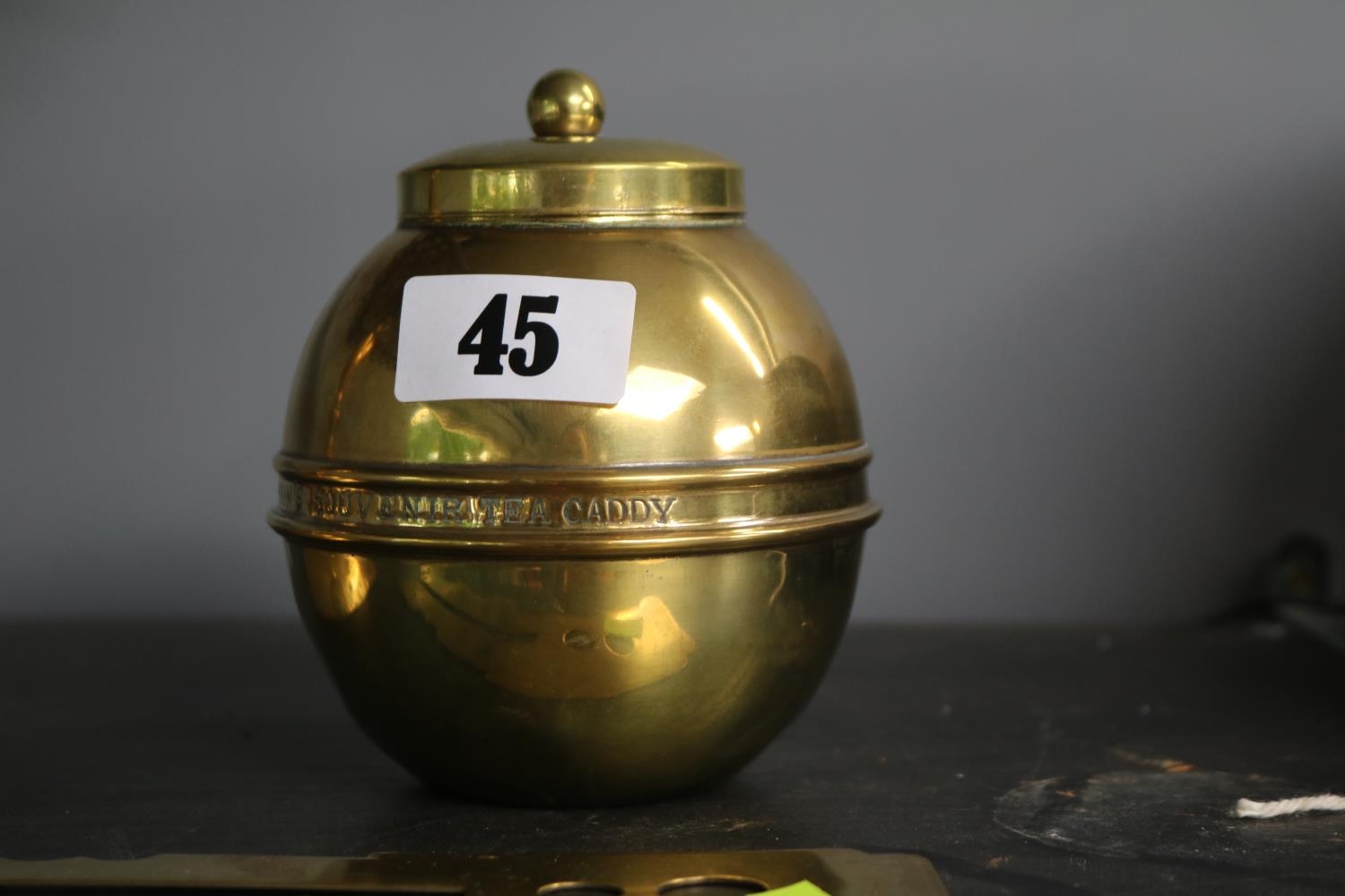 Liptons Spherical Tea Caddy, WHB Patent No.116972/17 Button Stick and a Large Brass Tazza - Image 2 of 2