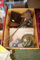 Collection of assorted Vintage bygones to include Walnut Tea Caddy, Brassware etc