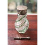 Late 19thC Silver Topped 2 tone glass scent jar and a small propelling Pencil with inset stone