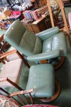 Green Leather Stressless Elbow chair with matching Stool