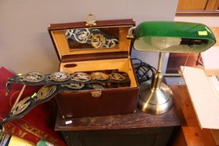 Italian Leather Ladies traveling case, Vintage Bankers Lamp with Green glass shade and a