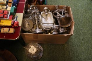 Large box of assorted Silver plated Tableware to include Art Deco table centrepiece, Pair of