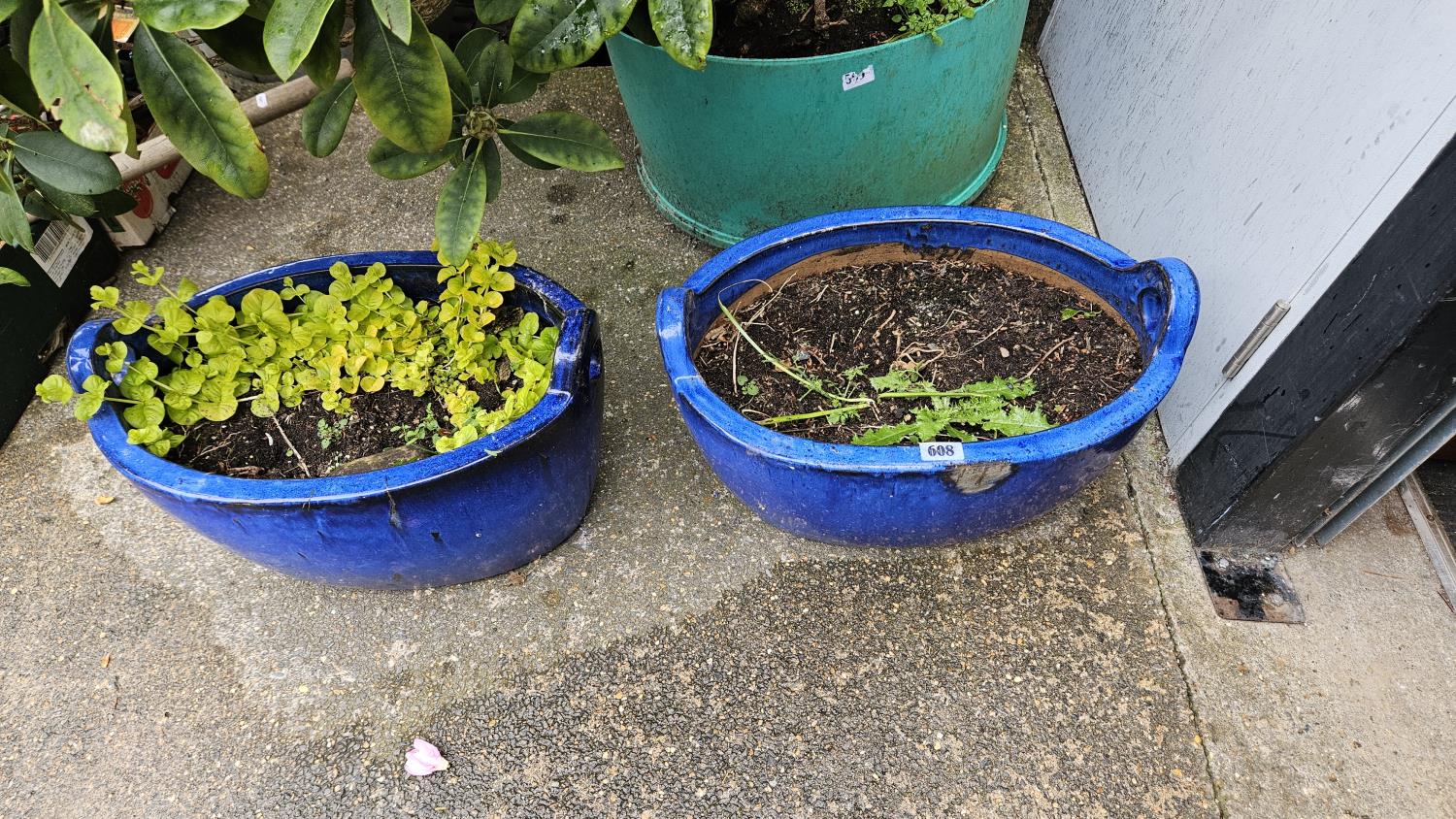 Pair of Blue glazed oval garden planters