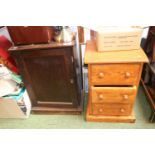 3 Drawer Pine Bedside chest and a Oak panelled Cabinet