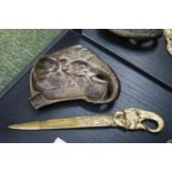 1920s Art Deco Bronze Elephant Ashtray 16cm and a Early 20thC Brass Elephant decorated paper knife