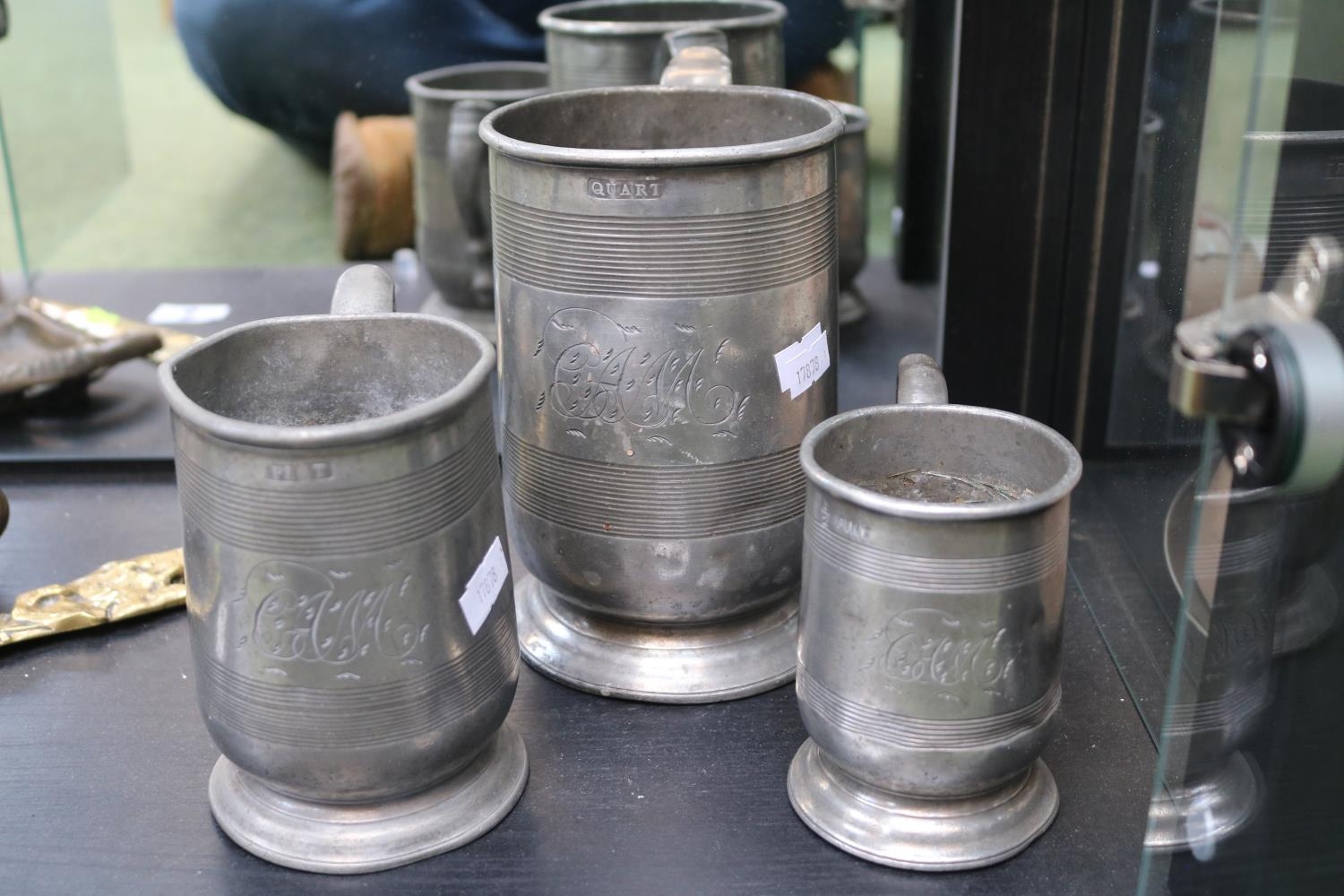 Collection of 3 Antique Pewter Tankards to include Quart, Pint & Half Pint