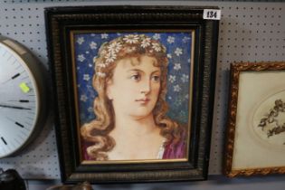 Framed Painting on ceramic depicting a Pre-Raphaelite woman