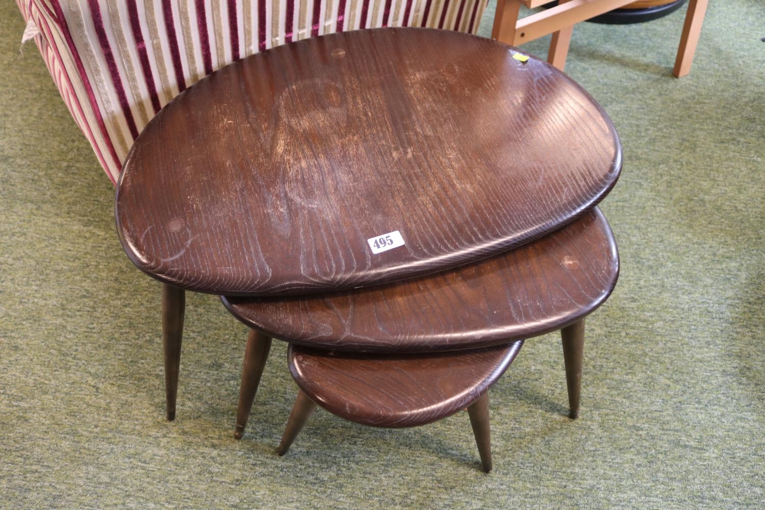 Nest Of 3 Ercol Pebble Tables in Dark Elm on tapering legs