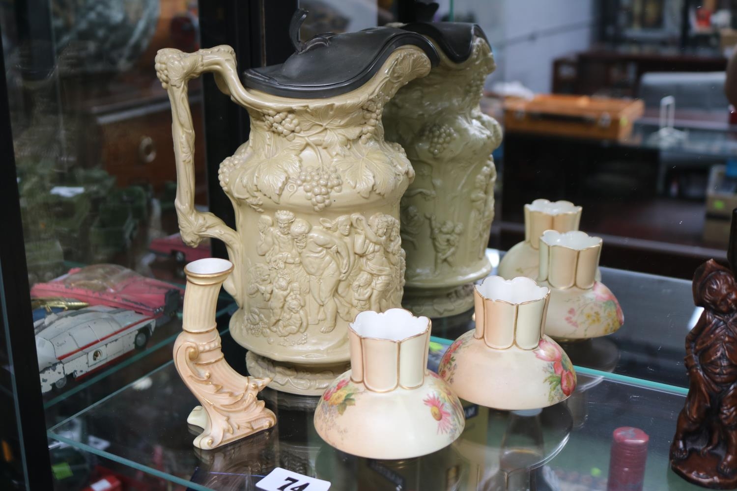 Pair of Royal Worcester Blush Ivory squat vases with a Blush Vase and a 19thC Bacchus type Water Jug