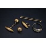 Gents 9ct Gold Knot ring, Tie bar and a Pair of 9ct Gold Cufflinks of Ball and Torpedo form 12g