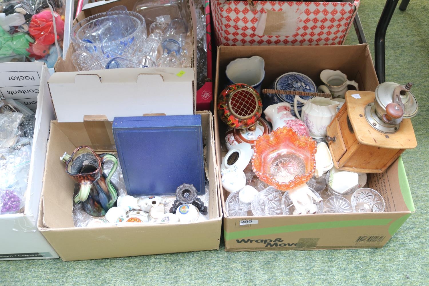 2 Boxes of assorted Ceramics and bygones inc. Coffee Grinder, Canteen of Cutlery etc