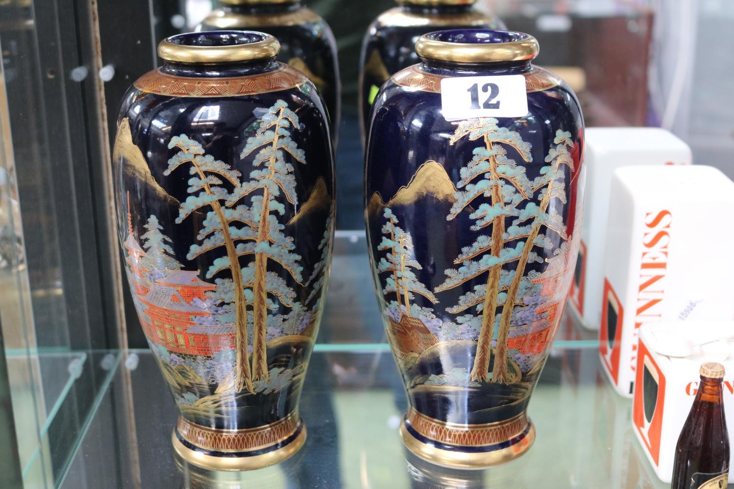 Pair of good Quality Japanese Satsuma Vases decorated with Pagoda and Fir trees, red character - Image 2 of 6