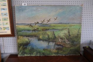 Framed Oil on canvas of Geese in Flight signed to bottom right