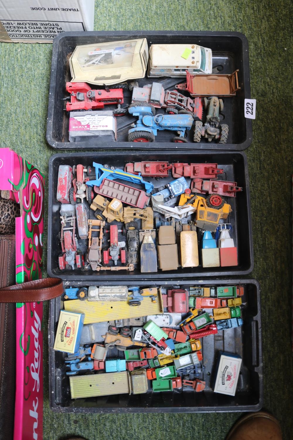 2 Boxes of assorted Playworn Vehicles to include Matchbox and Dinky