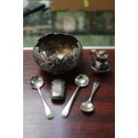 Indian Silver Squat Spherical bowl and a collection of small silver items 100g total weight